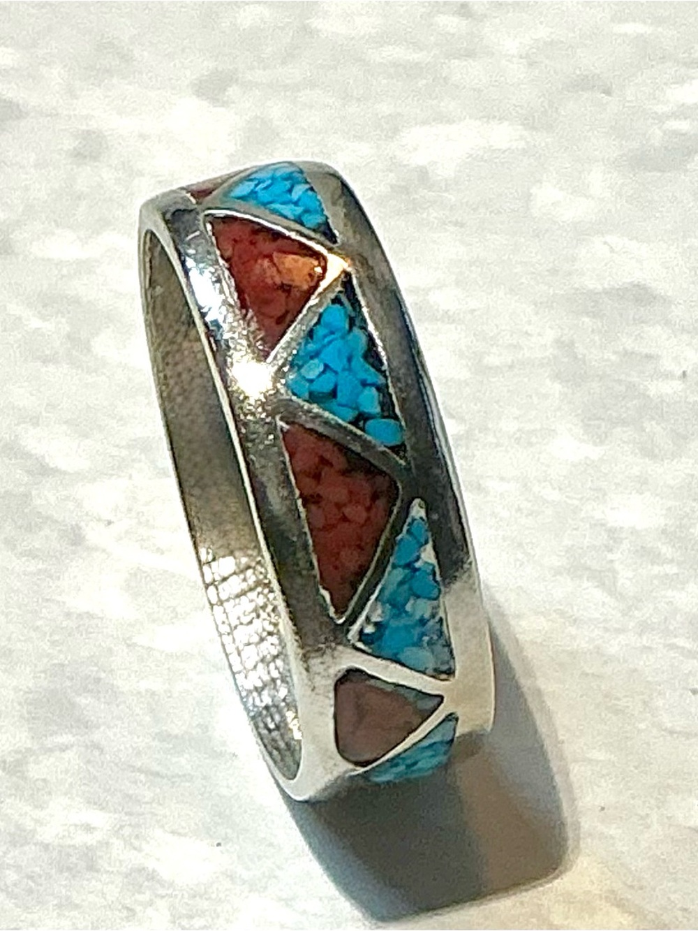 Vintage Crushed Inlay Turquoise and Coral Style Wedding Band Southwest Size 8.25